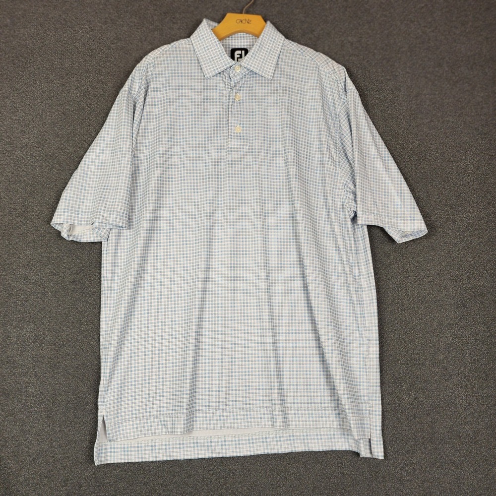FootJoy ProDry Mens Golf Polo Shirt Blue White Grid Plaid Stretch Size Medium